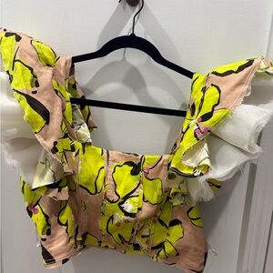 Aje Yellow and Tan Floral Ruffle Blouse
